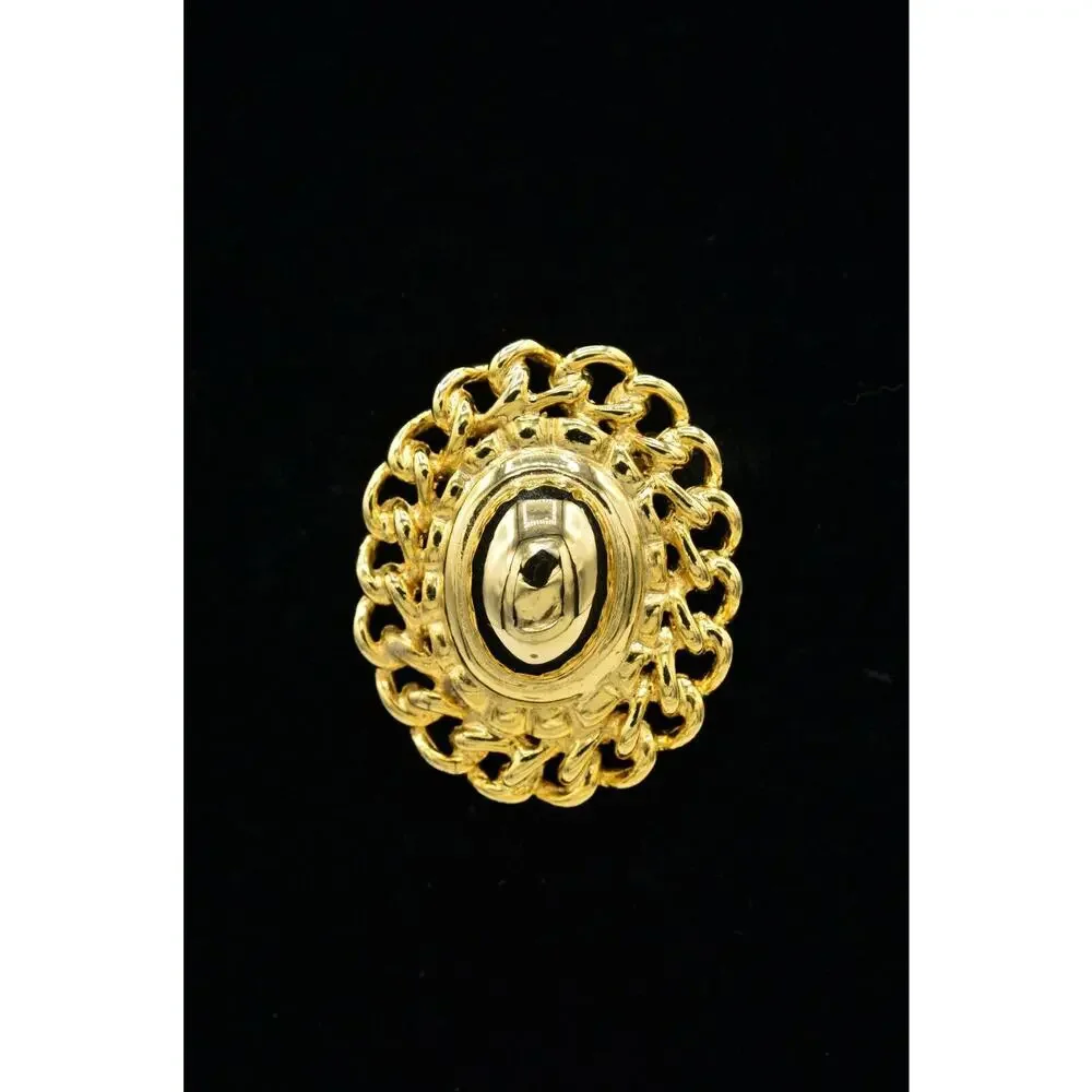 Vintage Oval Pin Brooch Yellow Gold Tone Linked Chain Statement NOS 1980s BinV